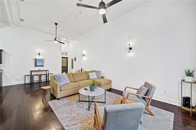 204 Conti St Unit 1A, Mobile, AL 36602 - living room with a ceiling fan, high vaulted ceiling, hardwood / wood-style floors, baseboards, and beamed ceiling