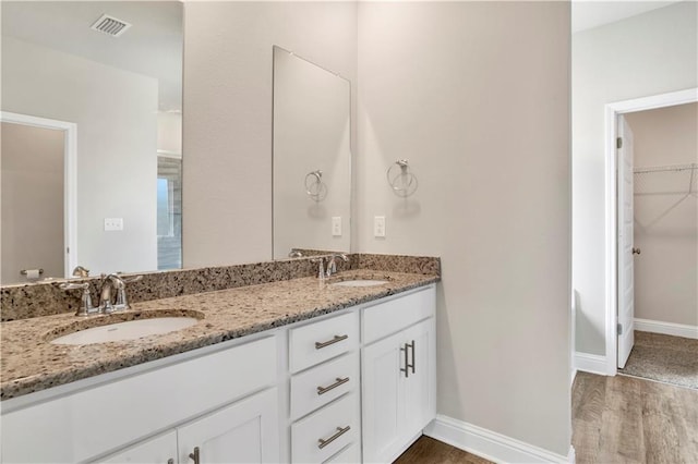 bathroom with hardwood / wood-style floors and vanity