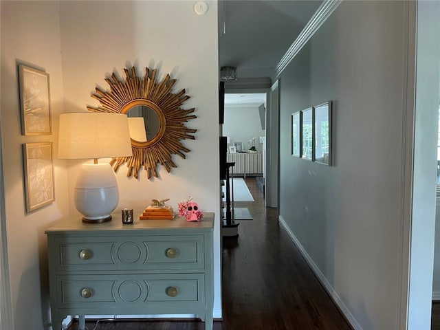 hallway with crown molding and dark hardwood / wood-style flooring