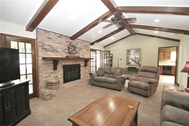 106 Windsor Ct, Daphne, AL 36526 - living room featuring carpet floors, a brick fireplace, and a ceiling fan