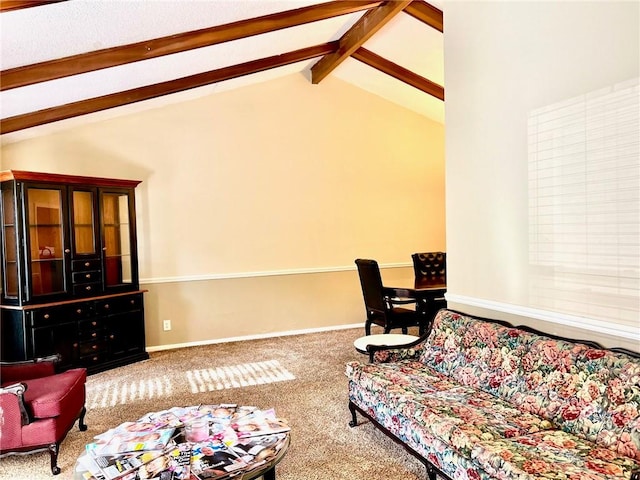 carpeted living room featuring beamed ceiling and high vaulted ceiling