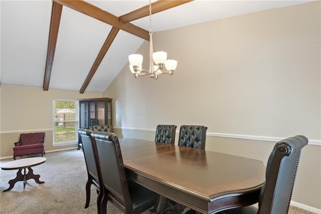 carpeted dining area featuring a notable chandelier and vaulted ceiling with beams