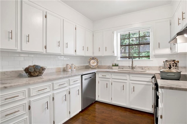 2604 Old Dobbin Dr E, Mobile, AL 36695 - kitchen featuring range with electric cooktop, stainless steel dishwasher, white cabinets, decorative backsplash, and ornamental molding