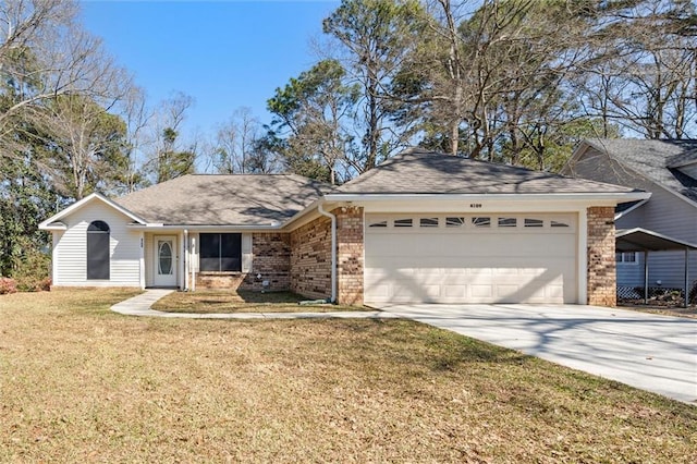 ranch-style house featuring a front yard, driveway, an attached garage, a shingled roof, and brick siding