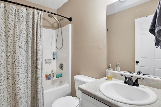 full bathroom with toilet, shower / tub combo with curtain, and vanity