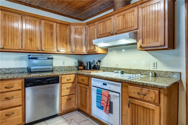 2012 Bienville Blvd, Dauphin Island, AL 36528 - kitchen featuring white appliances, under cabinet range hood, light tile patterned flooring, wooden ceiling, and brown cabinets