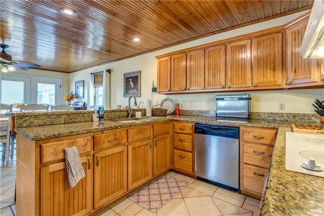 2012 Bienville Blvd, Dauphin Island, AL 36528 - kitchen featuring stainless steel dishwasher, a peninsula, wood ceiling, light tile patterned floors, and ceiling fan