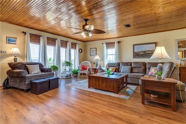 2012 Bienville Blvd, Dauphin Island, AL 36528 - living area featuring ceiling fan, light wood-type flooring, wooden ceiling, and ornamental molding