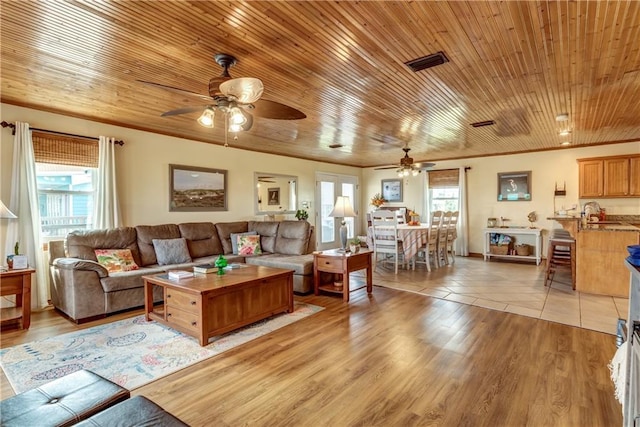2012 Bienville Blvd, Dauphin Island, AL 36528 - living area featuring ceiling fan, wooden ceiling, and light wood-style floors