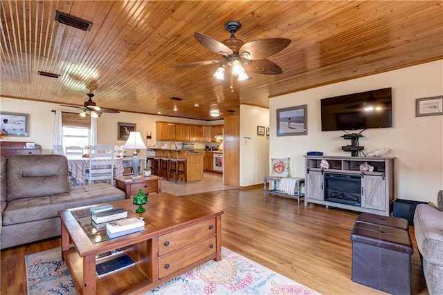 2012 Bienville Blvd, Dauphin Island, AL 36528 - living area featuring a ceiling fan, wood ceiling, and light wood-style flooring