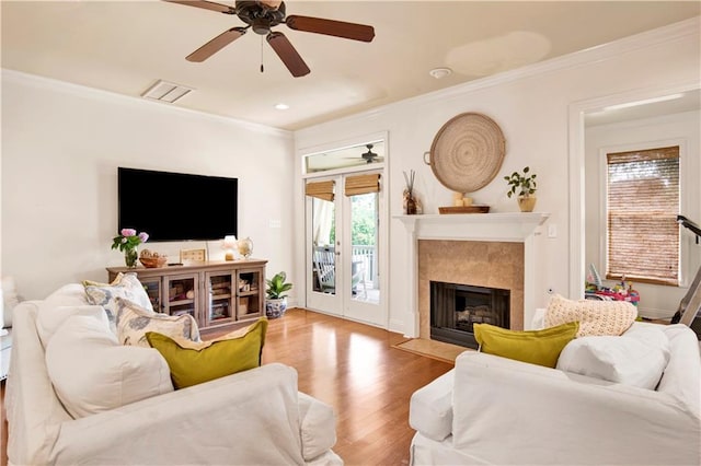 24795 Austin Rd, Daphne, AL 36526 - living room featuring ceiling fan, ornamental molding, wood finished floors, a high end fireplace, and recessed lighting