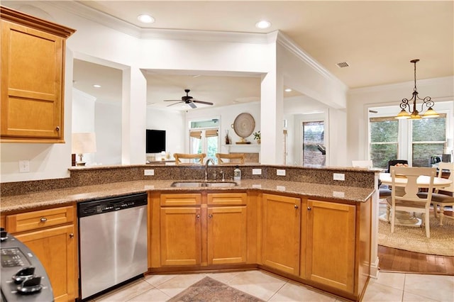 24795 Austin Rd, Daphne, AL 36526 - kitchen with dishwasher, a sink, light tile patterned floors, light stone counters, and crown molding
