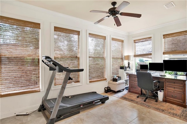 24795 Austin Rd, Daphne, AL 36526 - office area with ornamental molding, ceiling fan, light tile patterned flooring, and baseboards