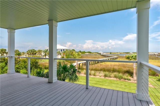 wooden deck with a water view