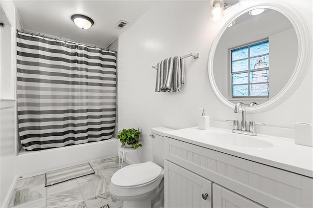 bathroom featuring marble finish floor, shower / tub combo with curtain, visible vents, toilet, and vanity