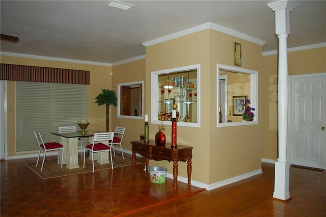 dining area featuring decorative columns, ornamental molding, and parquet flooring