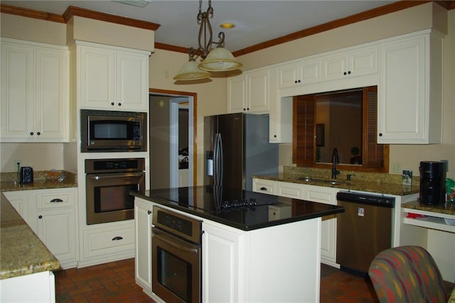 kitchen featuring sink, white cabinetry, decorative light fixtures, a kitchen island, and black appliances