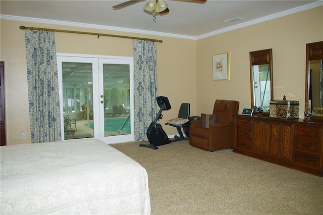 carpeted bedroom featuring ornamental molding, ceiling fan, and french doors