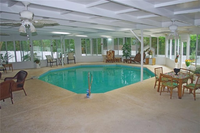 view of swimming pool with ceiling fan and a patio area