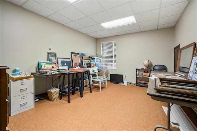 carpeted office featuring a paneled ceiling