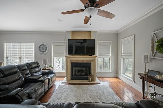 living area with plenty of natural light, a large fireplace, crown molding, and wood finished floors