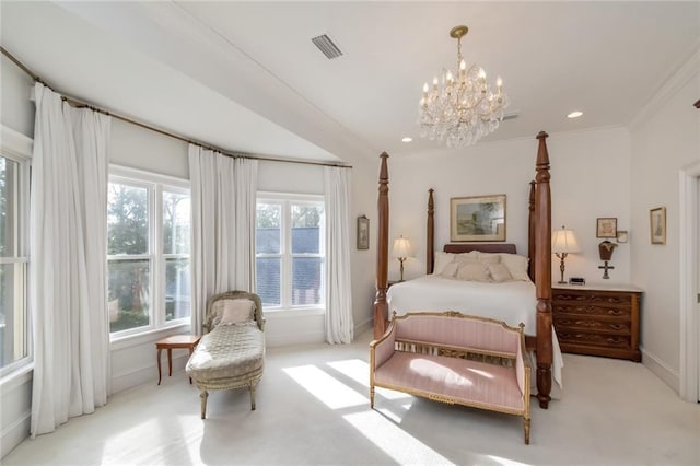 bedroom featuring light carpet, an inviting chandelier, and ornamental molding