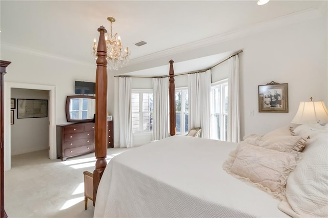 bedroom with light carpet, ornamental molding, and a notable chandelier