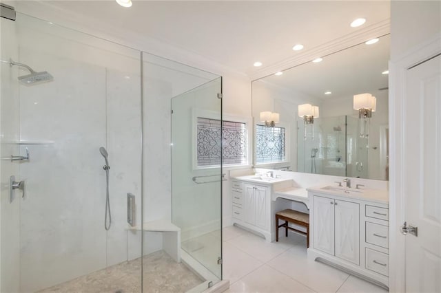 bathroom featuring recessed lighting, vanity, ornamental molding, tile patterned floors, and a stall shower