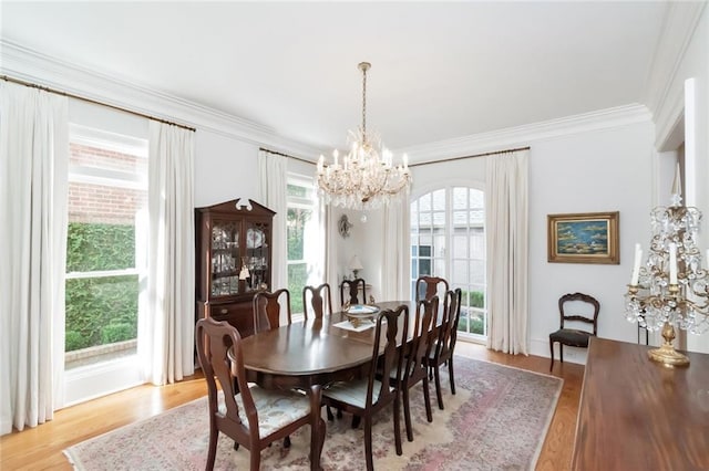 dining room with ornamental molding, light hardwood / wood-style floors, and a healthy amount of sunlight