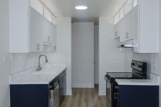 871 Hale Rd, Mobile, AL 36608 - kitchen featuring electric range, a sink, under cabinet range hood, light wood-style floors, and light countertops