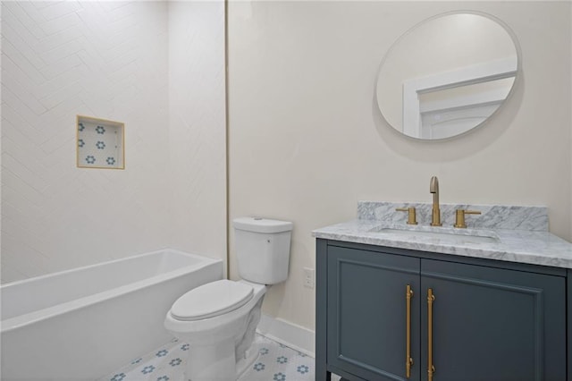 full bathroom with washtub / shower combination, baseboards, toilet, vanity, and tile patterned flooring