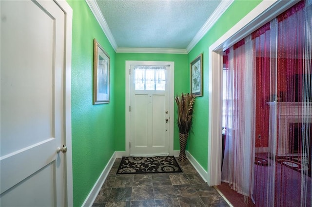 doorway to outside with ornamental molding and a textured ceiling