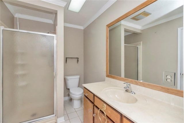 bathroom with tile floors, walk in shower, oversized vanity, and toilet