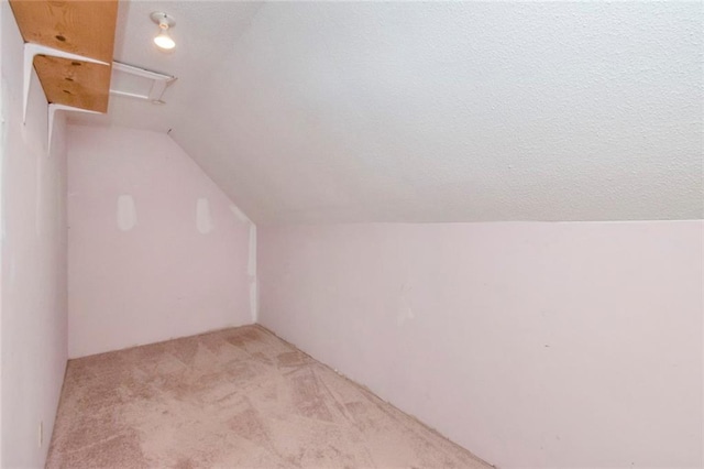 additional living space with a textured ceiling, lofted ceiling, and carpet floors