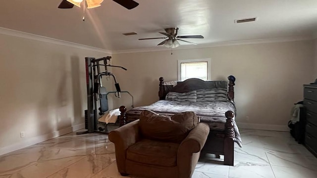 6980 Charmingdale Dr S, Mobile, AL 36618 - bedroom featuring light marble finish floors, baseboards, ceiling fan, and crown molding