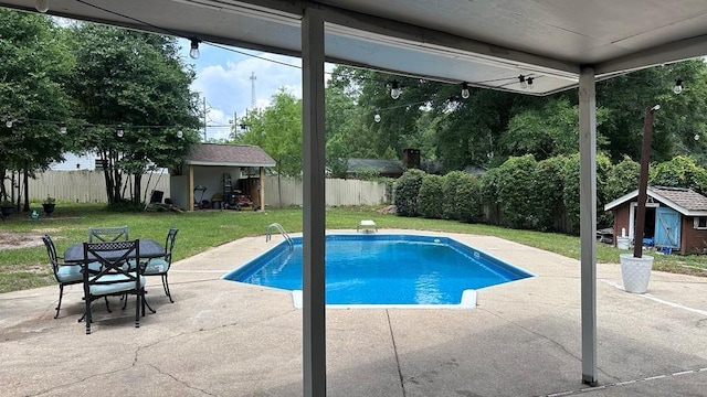 6980 Charmingdale Dr S, Mobile, AL 36618 - view of pool featuring a storage shed, an outbuilding, and a patio area