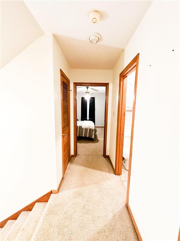 corridor featuring lofted ceiling and light colored carpet