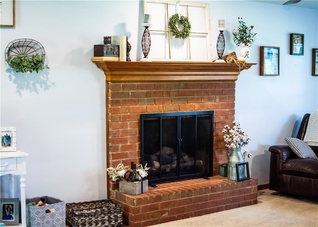 interior space featuring carpet and a fireplace