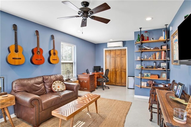 office space featuring an AC wall unit, recessed lighting, baseboards, and ceiling fan