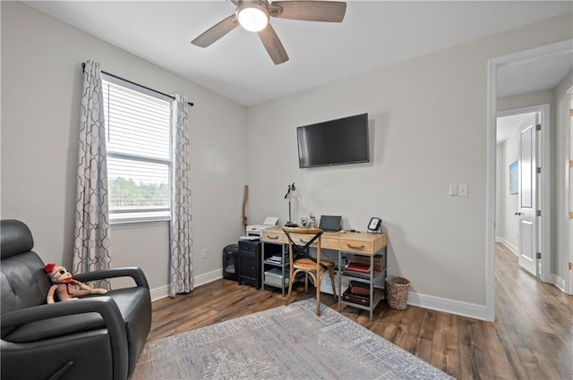 office space with dark hardwood / wood-style flooring and ceiling fan