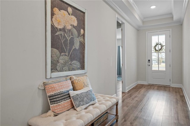 entryway featuring crown molding, wood-type flooring, and a raised ceiling