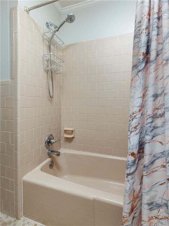 208 Beck St, Atmore, AL 36502 - bathroom featuring crown molding and shower / bath combo with shower curtain
