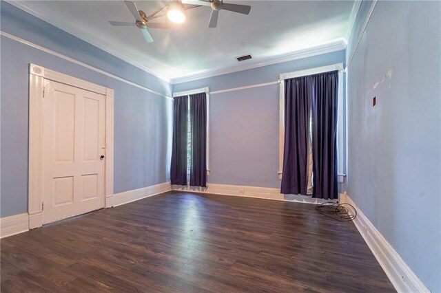 1703 Dauphin St, Mobile, AL 36604 - empty room featuring ornamental molding, wood finished floors, ceiling fan, and baseboards