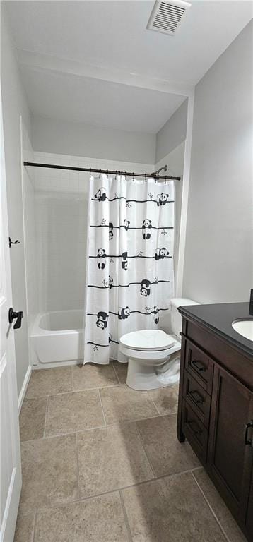 full bathroom featuring toilet, vanity, and shower / bathtub combination with curtain