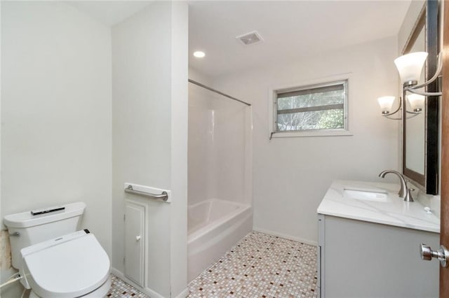 full bathroom with shower / washtub combination, tile patterned flooring, vanity, and toilet