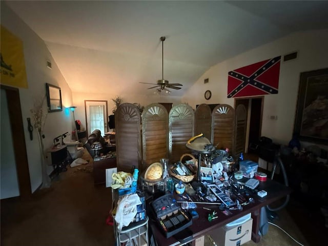 misc room with lofted ceiling and a ceiling fan