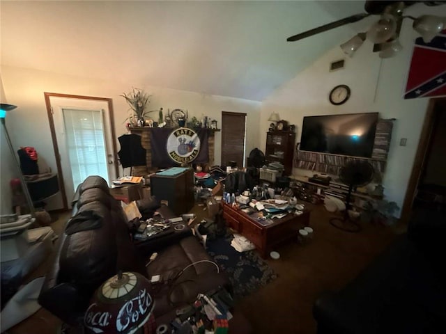 carpeted living room featuring vaulted ceiling and ceiling fan