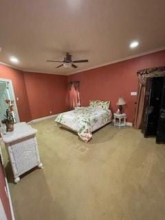 bedroom with light carpet, recessed lighting, and crown molding