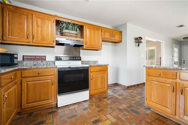 kitchen featuring visible vents, brown cabinets, range with electric cooktop, under cabinet range hood, and black microwave