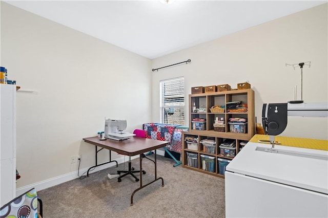 home office with baseboards and carpet flooring